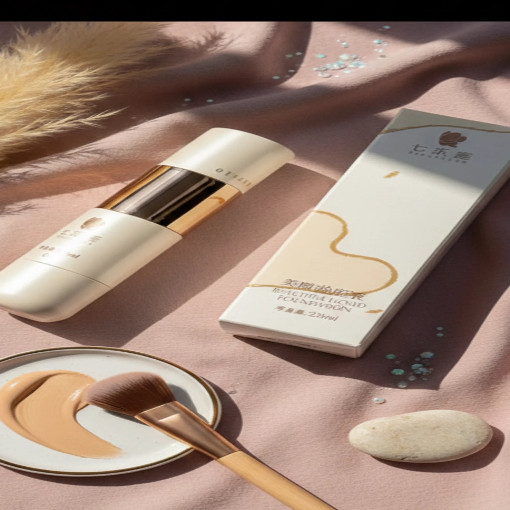 Cosmetic product with packaging on a soft pink fabric background